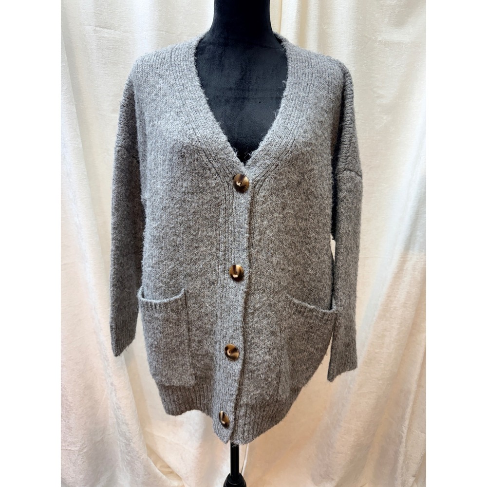 POL Cardigan Sweater Womens M Gray Wool Blend Oversized Boho V-Neck Pockets